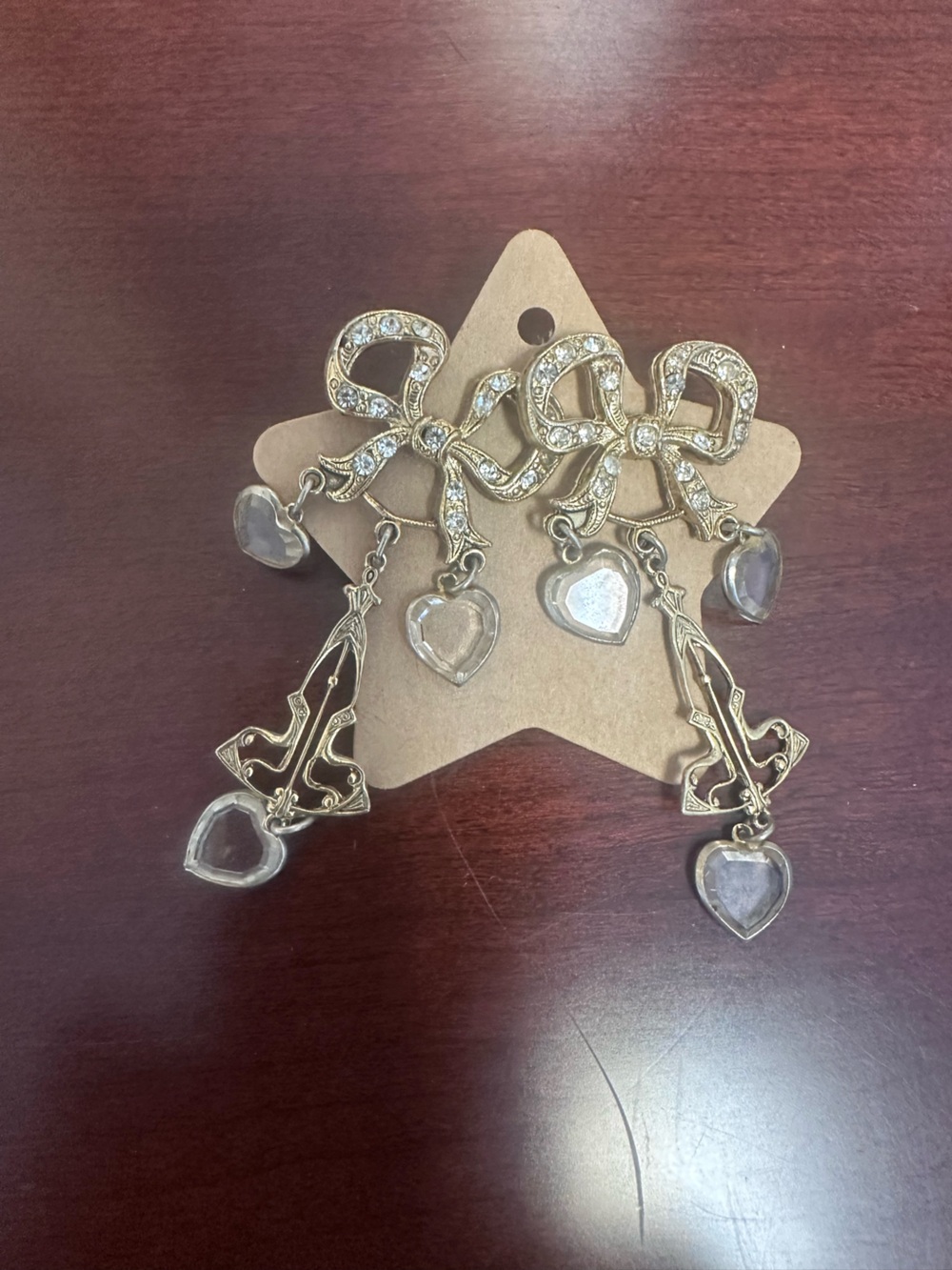 Vintage banana Bob Gold Bow and Heart Dangle Earrings with Clear Stones